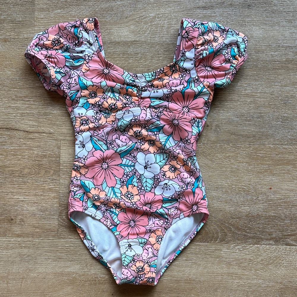 Girls Floral Puff Sleeve One-Piece Swimsuit - Pink Multi Cat & Jack 4/5